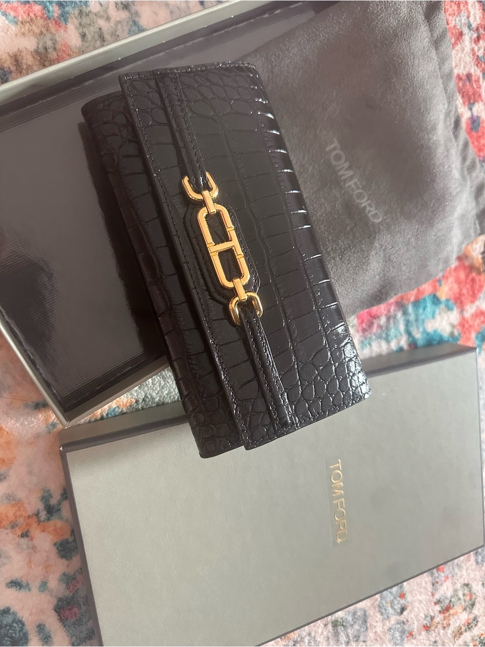 Tom Ford Black Croc-Embossed Leather Wallet with Gold Hardware